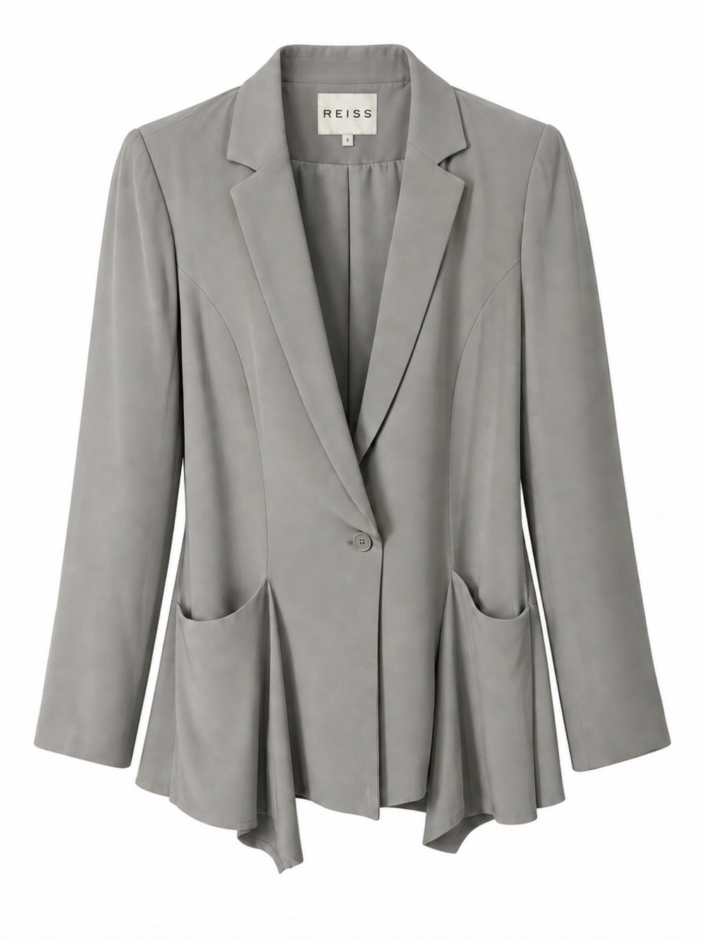 REISS Lissy Gray Draped Longline Blazer Waterfall Hem Pockets Size Small